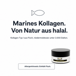 Marines Kollagen aus Fisch, von Natur aus halal. Kollagen Typ I, niedermolekular unter 2.000 Dalton. Allergenhinweis: Enthält Fisch.