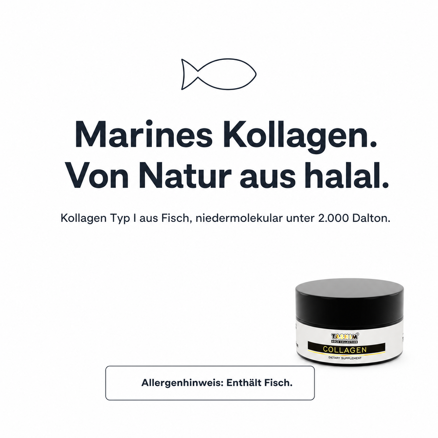 Marines Kollagen aus Fisch, von Natur aus halal. Kollagen Typ I, niedermolekular unter 2.000 Dalton. Allergenhinweis: Enthält Fisch.