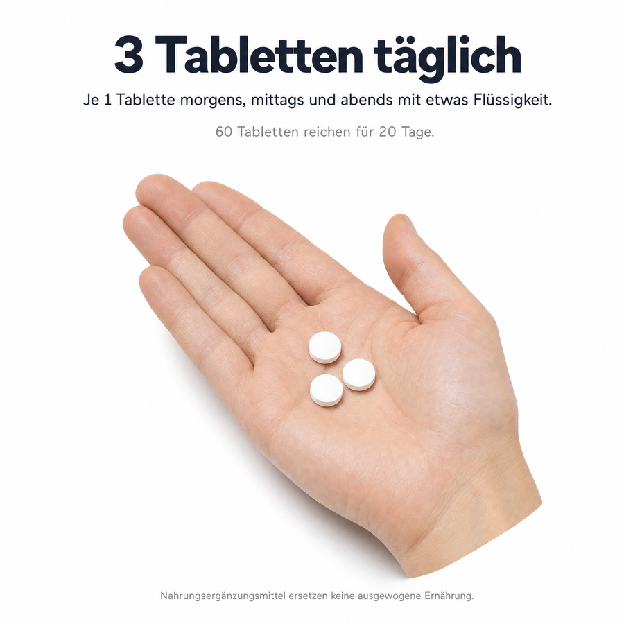 Einnahme: 3 Tabletten täglich, je 1 Tablette morgens, mittags und abends. Offene Hand mit drei weißen Tabletten.
