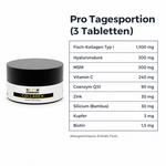 Nährwerttabelle pro Tagesportion (3 Tabletten): Fisch-Kollagen Typ I 1.500 mg, Hyaluronsäure 300 mg, MSM 300 mg, Vitamin C 240 mg, Coenzym Q10 90 mg, Zink 30 mg, Silicium (Bambus) 30 mg, Kupfer 3 mg, Biotin 1,5 mg. Allergenhinweis: Enthält Fisch.