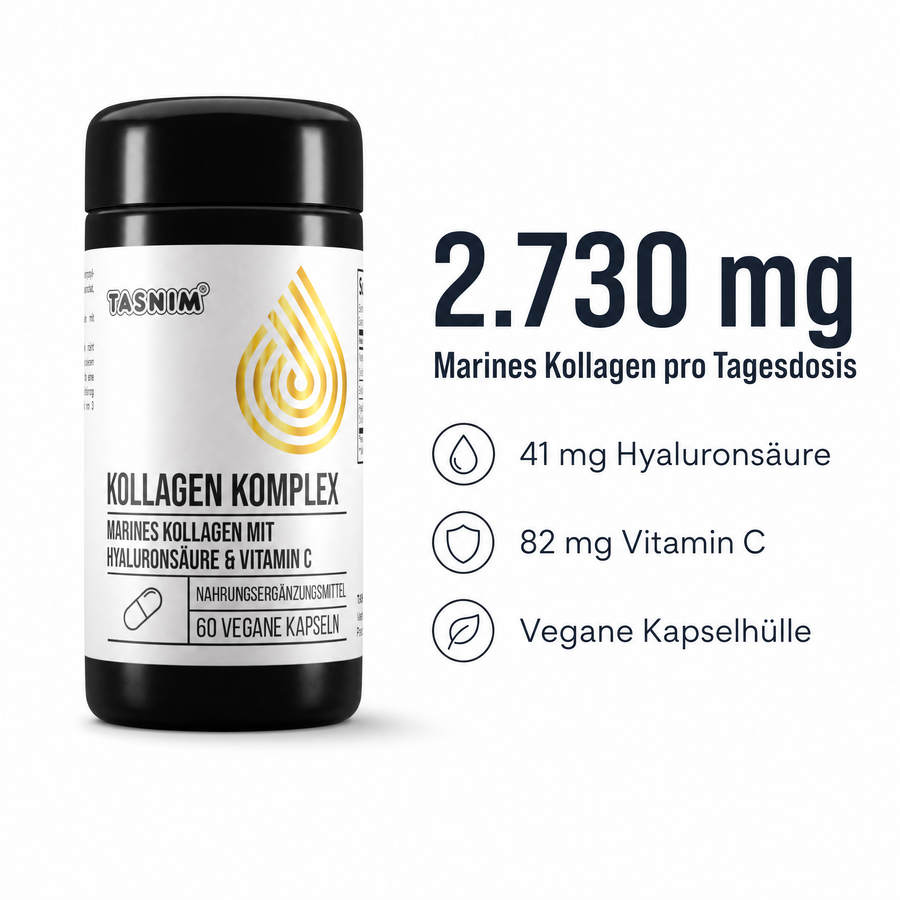 2.730 mg marines Kollagen pro Tagesdosis, dazu 41 mg Hyaluronsäure und 82 mg Vitamin C, vegane Kapselhülle