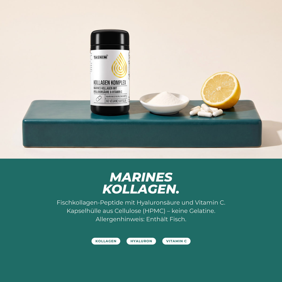 Marines Kollagen: Dose mit Kollagenpulver, Kapseln und einer halben Zitrone – Fischkollagen-Peptide mit Hyaluronsäure und Vitamin C, Kapselhülle aus Cellulose