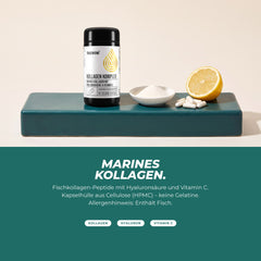 Marines Kollagen: Dose mit Kollagenpulver, Kapseln und einer halben Zitrone – Fischkollagen-Peptide mit Hyaluronsäure und Vitamin C, Kapselhülle aus Cellulose
