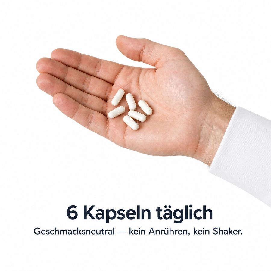 Sechs Kollagen-Kapseln in einer Handfläche: 6 Kapseln täglich, geschmacksneutral, kein Anrühren