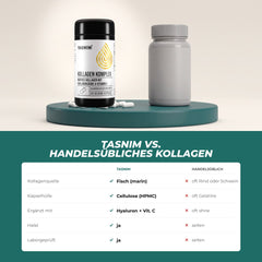 Tasnim Kollagen gegenüber handelsüblichem Kollagen: marines Fischkollagen statt Rind oder Schwein, Cellulose-Kapsel, mit Hyaluronsäure und Vitamin C, halal, laborgeprüft