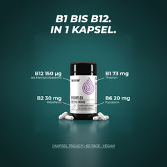 B1 bis B12 in einer Kapsel: Vitamin B12 150 µg als Methylcobalamin, B1 73 mg, B2 30 mg, B6 20 mg – 1 Kapsel täglich, 60 Tage, vegan