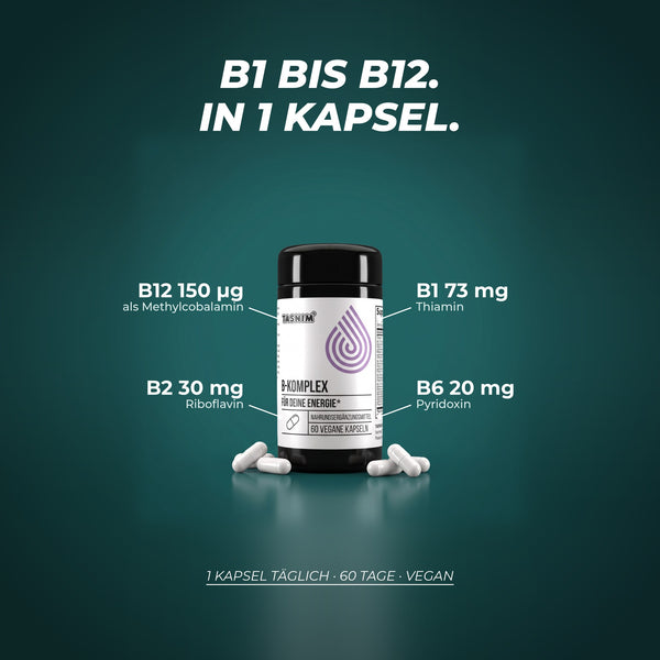 B1 bis B12 in einer Kapsel: Vitamin B12 150 µg als Methylcobalamin, B1 73 mg, B2 30 mg, B6 20 mg – 1 Kapsel täglich, 60 Tage, vegan