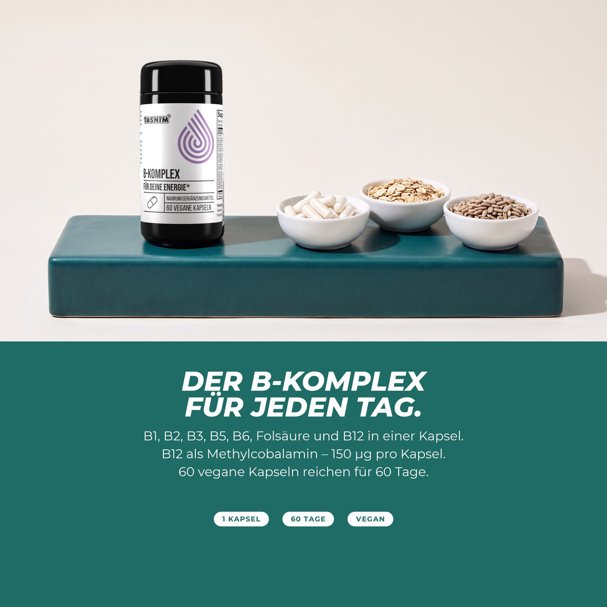 Der B-Komplex für jeden Tag: Dose mit Kapseln, Haferflocken und Sonnenblumenkernen – B1, B2, B3, B5, B6, Folsäure und B12 in einer Kapsel