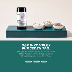 Der B-Komplex für jeden Tag: Dose mit Kapseln, Haferflocken und Sonnenblumenkernen – B1, B2, B3, B5, B6, Folsäure und B12 in einer Kapsel