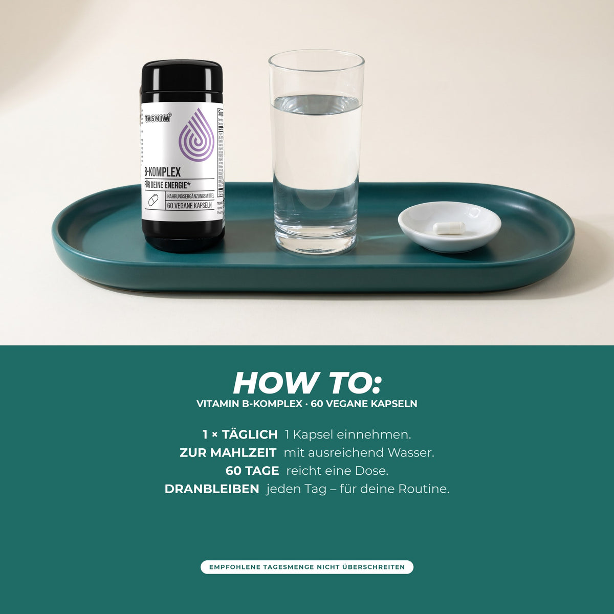 How to: täglich 1 Kapsel zu einer Mahlzeit mit ausreichend Wasser, eine Dose reicht 60 Tage