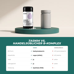 Tasnim B-Komplex gegenüber handelsüblichen Präparaten: B12 als Methylcobalamin, vegane Kapsel, halal, laborgeprüft, Apotheken-PZN