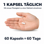 Einnahme: 1 Kapsel täglich mit etwas Flüssigkeit zu einer Mahlzeit, eine weiße Kapsel liegt in einer offenen Hand, 60 Kapseln reichen 60 Tage