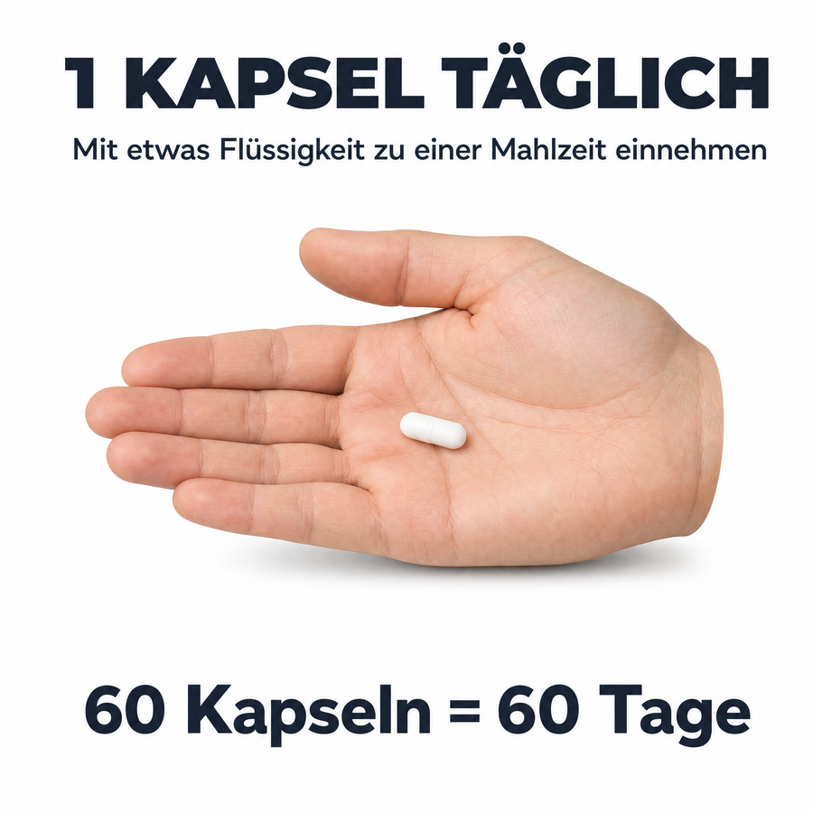 Einnahme: 1 Kapsel täglich mit etwas Flüssigkeit zu einer Mahlzeit, eine weiße Kapsel liegt in einer offenen Hand, 60 Kapseln reichen 60 Tage