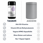 Vergleich der Tasnim B-Komplex Dose mit einer neutralen grauen Dose anderer Anbieter anhand von fünf Merkmalen