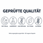 Geprüfte Qualität: 100 % Halal, laborgeprüft, ohne Gentechnik, 100 % vegan, glutenfrei, Nahrungsergänzungsmittel mit 60 veganen Kapseln