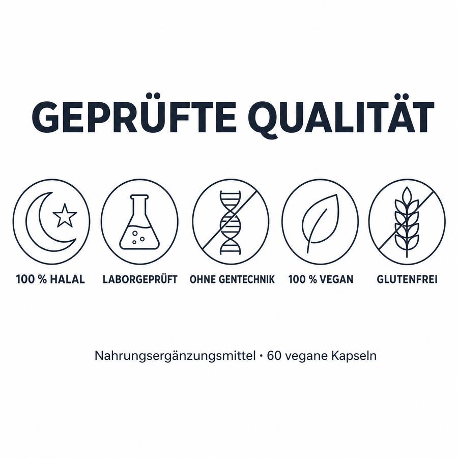 Geprüfte Qualität: 100 % Halal, laborgeprüft, ohne Gentechnik, 100 % vegan, glutenfrei, Nahrungsergänzungsmittel mit 60 veganen Kapseln