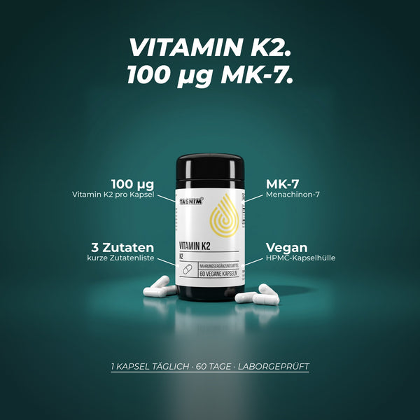 Vitamin K2, 100 µg MK-7: 100 µg Vitamin K2 als Menachinon-7 pro Kapsel, nur drei Zutaten, vegane HPMC-Kapselhülle, 1 Kapsel täglich, 60 Tage