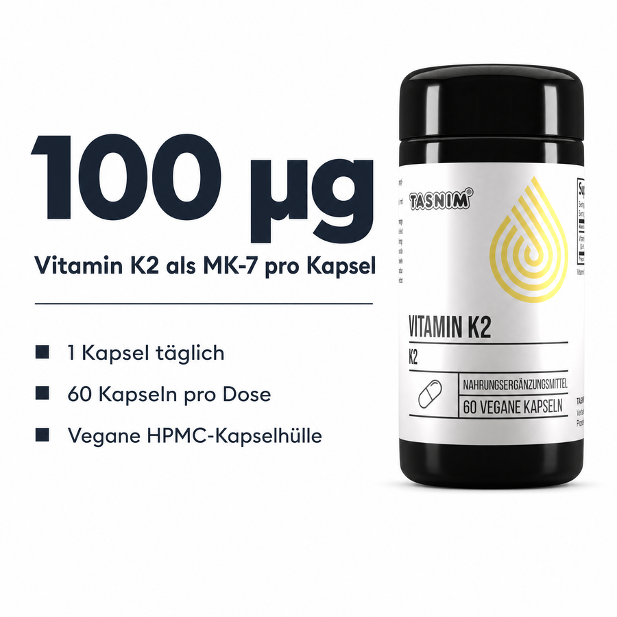 Tasnim Vitamin K2 Dose mit Angabe 100 µg Vitamin K2 als MK-7 pro Kapsel, 1 Kapsel täglich, 60 Kapseln pro Dose, vegane HPMC-Kapselhülle