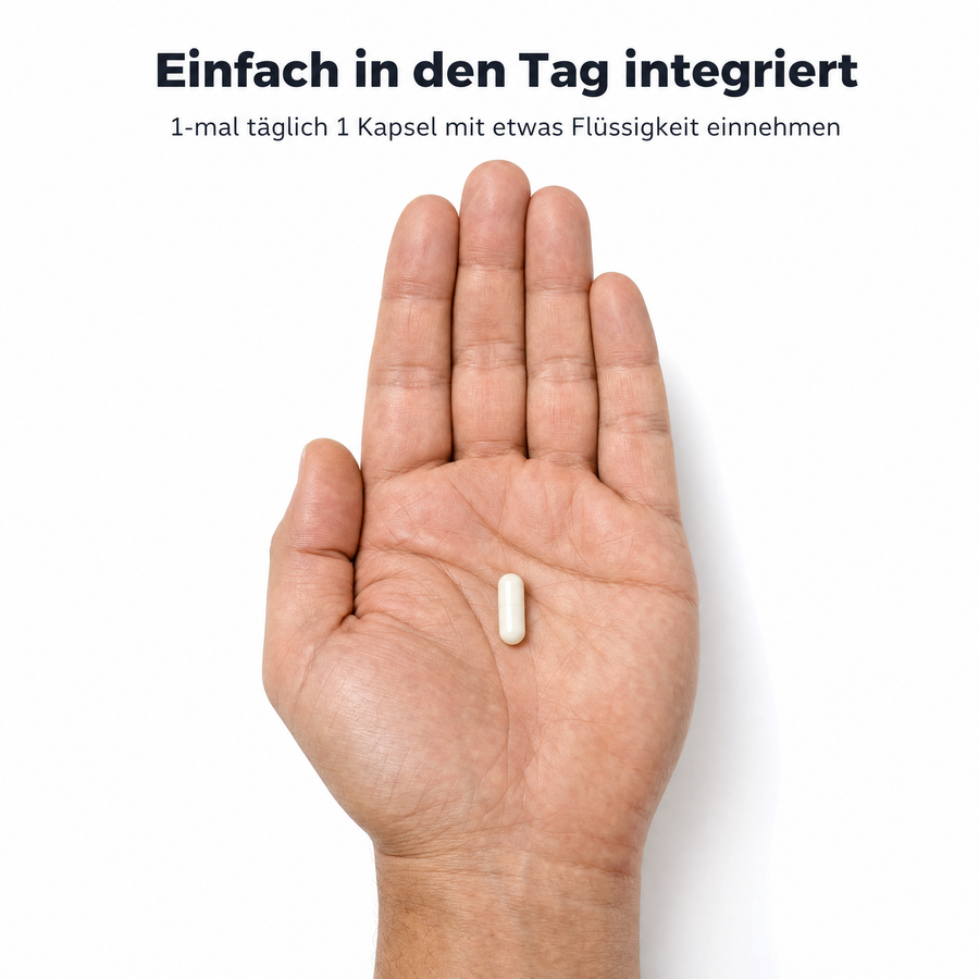 Offene Hand mit einer Vitamin-K2-Kapsel: 1-mal täglich 1 Kapsel mit etwas Flüssigkeit einnehmen