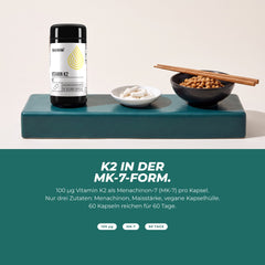 K2 in der MK-7-Form: Dose mit Kapseln und einer Schale Natto – 100 µg Vitamin K2 pro Kapsel, nur drei Zutaten, 60 Tage