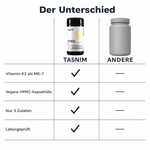 Vergleichstabelle Tasnim Vitamin K2 gegenüber einer neutralen grauen Dose: MK-7 Form, vegane HPMC-Kapselhülle, nur 3 Zutaten, laborgeprüft