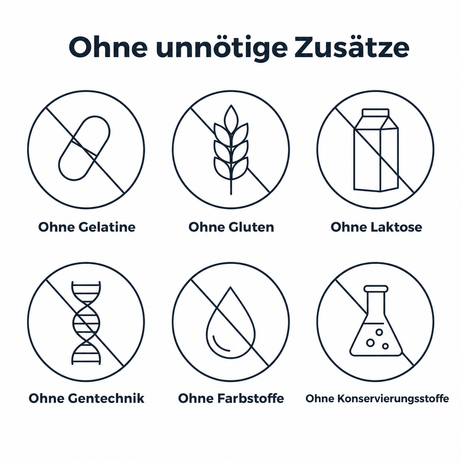 Sechs Icons ohne unnötige Zusätze: ohne Gelatine, ohne Gluten, ohne Laktose, ohne Gentechnik, ohne Farbstoffe, ohne Konservierungsstoffe
