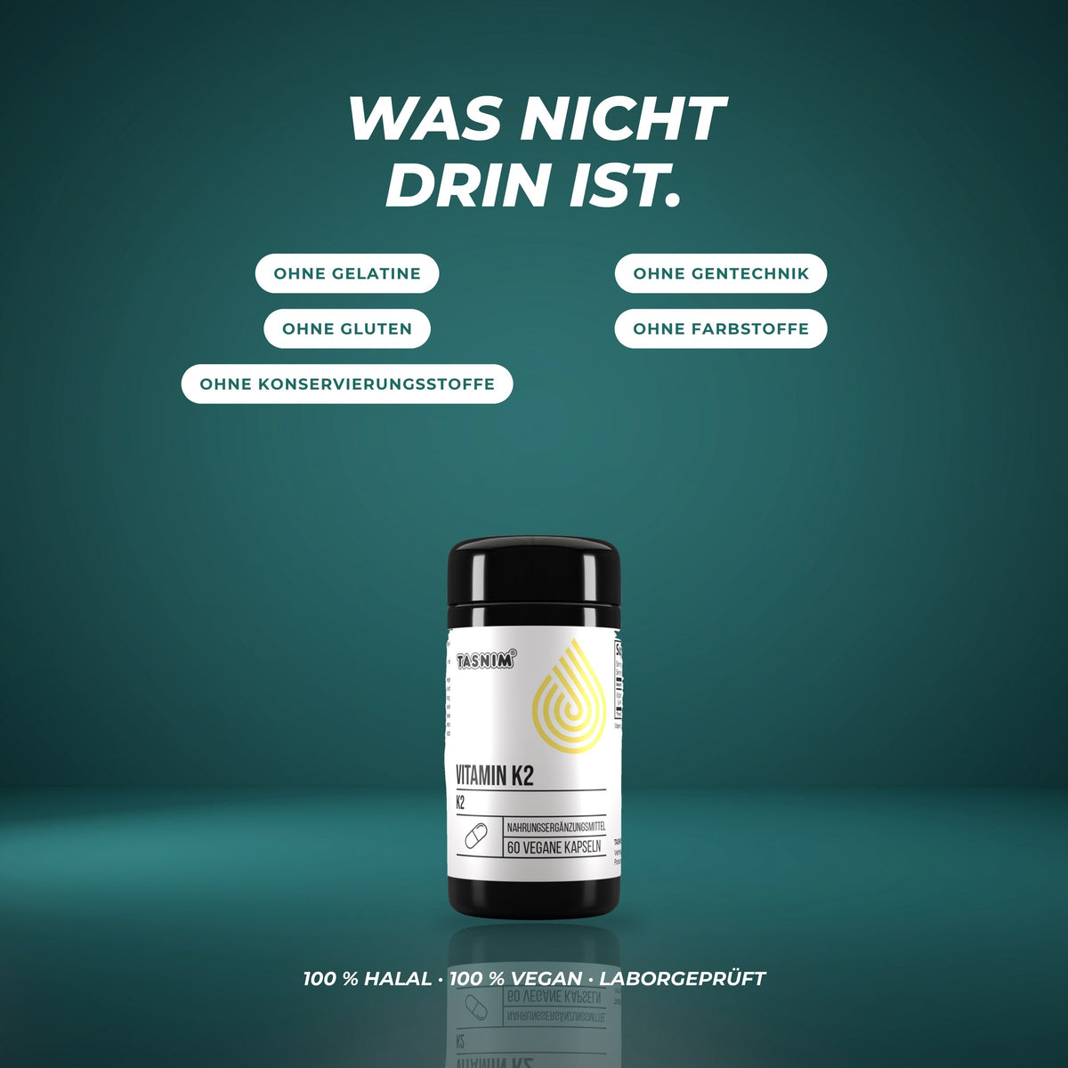 Was nicht drin ist: ohne Gelatine, Gentechnik, Gluten, Farbstoffe und Konservierungsstoffe – halal, vegan, laborgeprüft