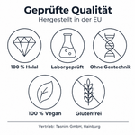 Qualitätssiegel Vitamin K2: 100 % Halal, laborgeprüft, ohne Gentechnik, 100 % vegan, glutenfrei, hergestellt in der EU