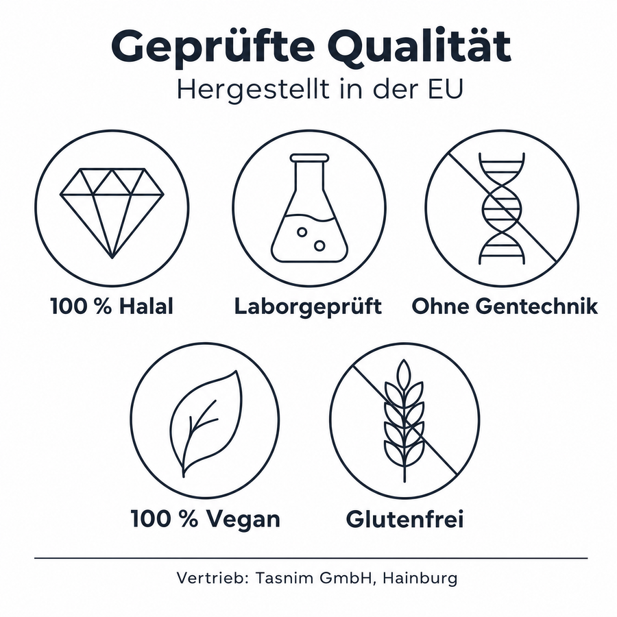 Qualitätssiegel Vitamin K2: 100 % Halal, laborgeprüft, ohne Gentechnik, 100 % vegan, glutenfrei, hergestellt in der EU