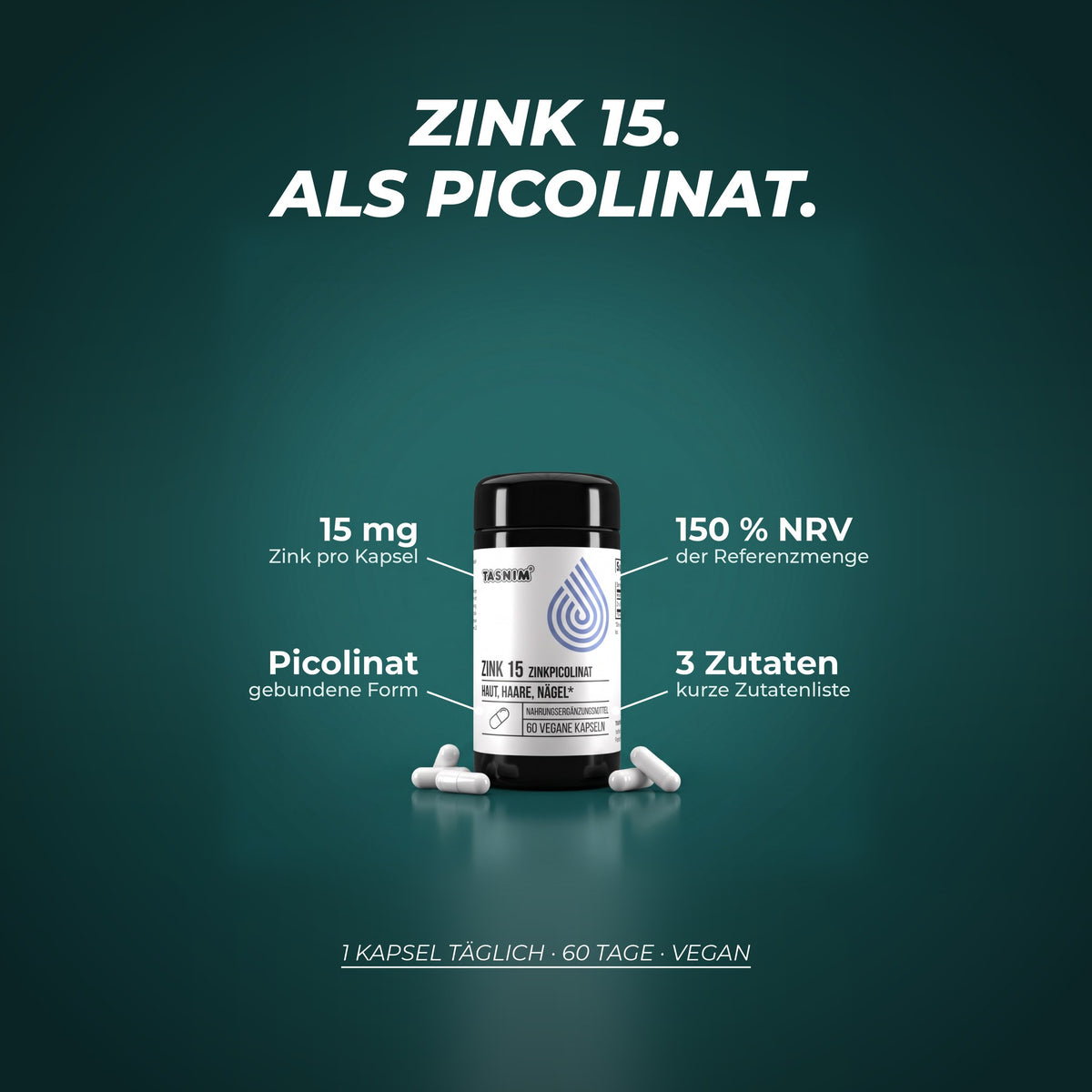 Zink 15 als Picolinat: 15 mg Zink pro Kapsel, 150 % der Referenzmenge, nur drei Zutaten – 1 Kapsel täglich, 60 Tage, vegan