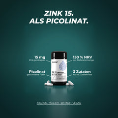 Zink 15 als Picolinat: 15 mg Zink pro Kapsel, 150 % der Referenzmenge, nur drei Zutaten – 1 Kapsel täglich, 60 Tage, vegan