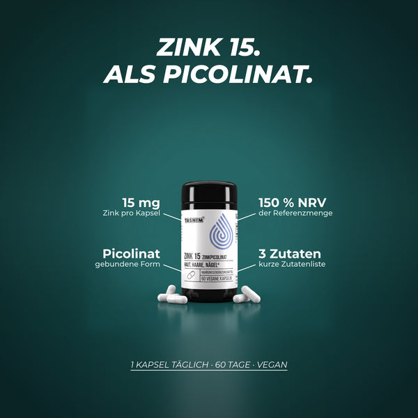 Zink 15 als Picolinat: 15 mg Zink pro Kapsel, 150 % der Referenzmenge, nur drei Zutaten – 1 Kapsel täglich, 60 Tage, vegan