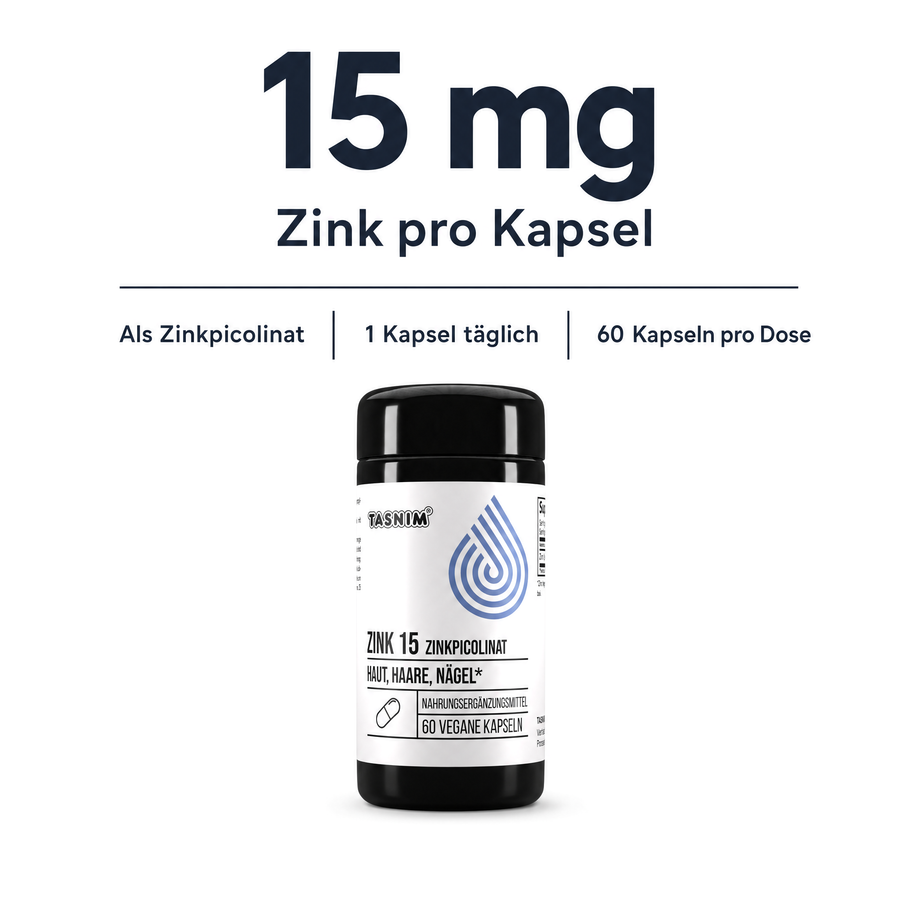 Infografik auf weißem Hintergrund: große Zahl 15 mg Zink pro Kapsel, darunter die Angaben Als Zinkpicolinat, 1 Kapsel täglich und 60 Kapseln pro Dose sowie die Tasnim Zink 15 Dose.