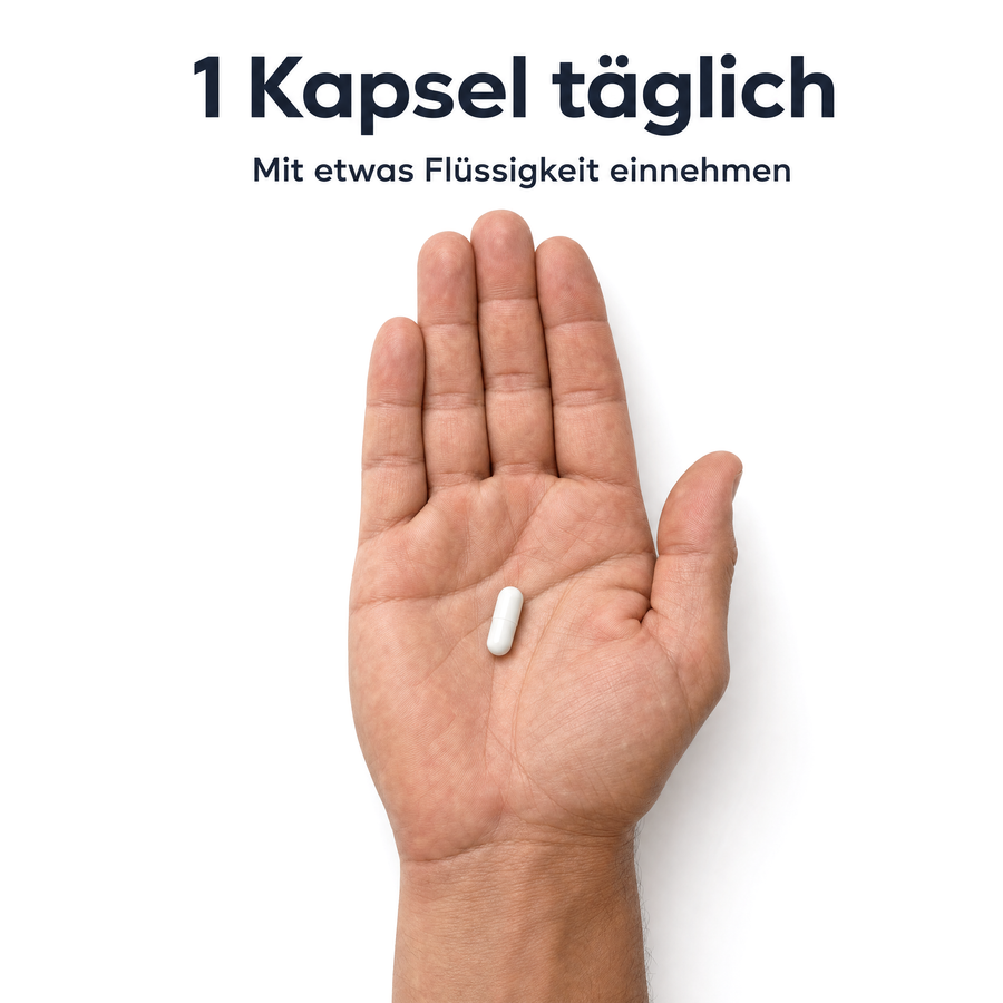 Offene Männerhand auf weißem Hintergrund mit einer weißen Kapsel in der Handfläche, Überschrift 1 Kapsel täglich, Mit etwas Flüssigkeit einnehmen.