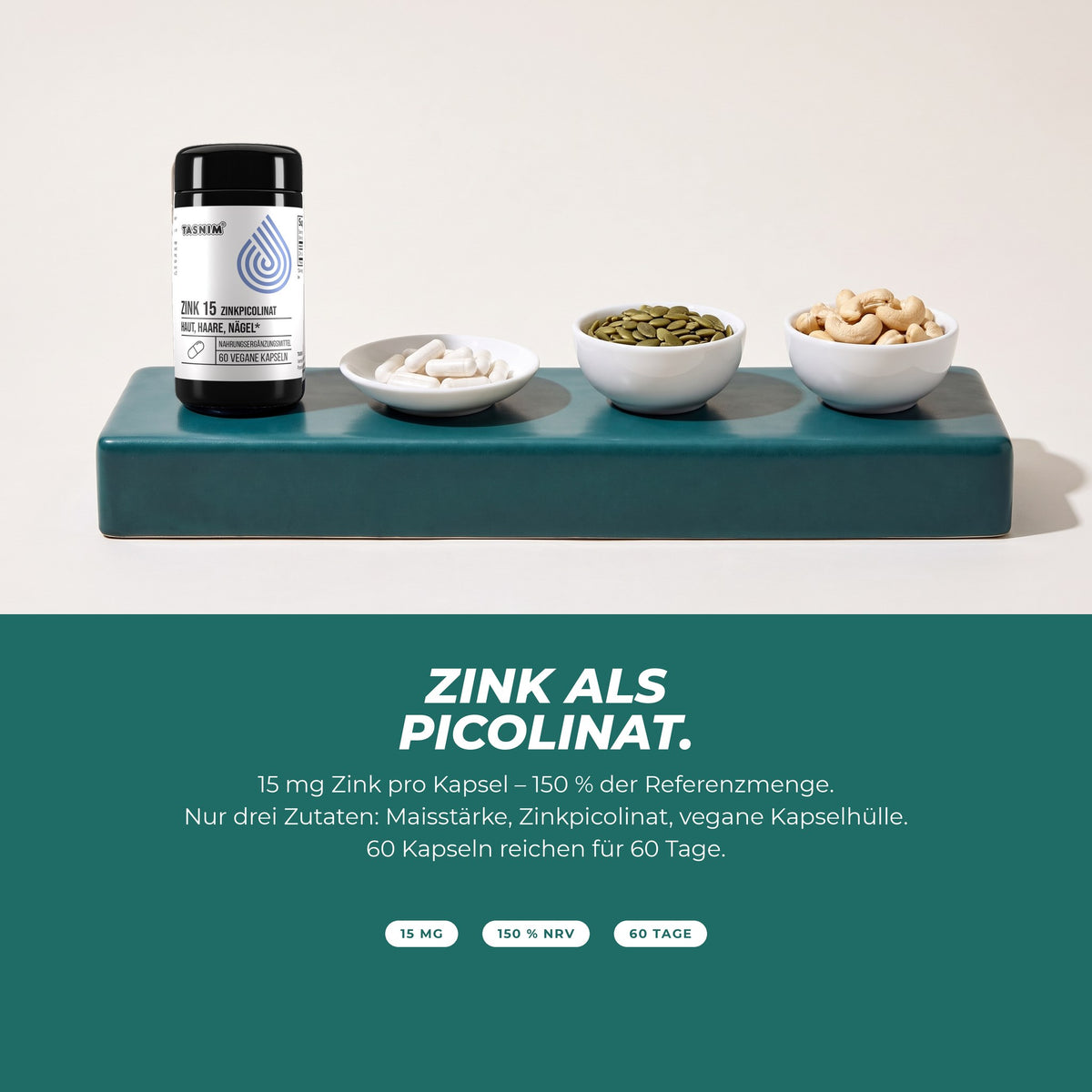 Zink als Picolinat: Dose mit Kapseln, Kürbiskernen und Cashewkernen – 15 mg Zink pro Kapsel, nur drei Zutaten, 60 Tage
