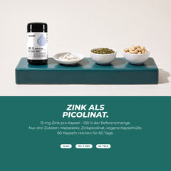 Zink als Picolinat: Dose mit Kapseln, Kürbiskernen und Cashewkernen – 15 mg Zink pro Kapsel, nur drei Zutaten, 60 Tage