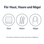 Drei Liniensymbole für Haut, Haare und Nägel auf weißem Hintergrund mit der Überschrift Für Haut, Haare und Nägel und dem Hinweis: Zink trägt zur Erhaltung normaler Haut, Haare und Nägel bei.