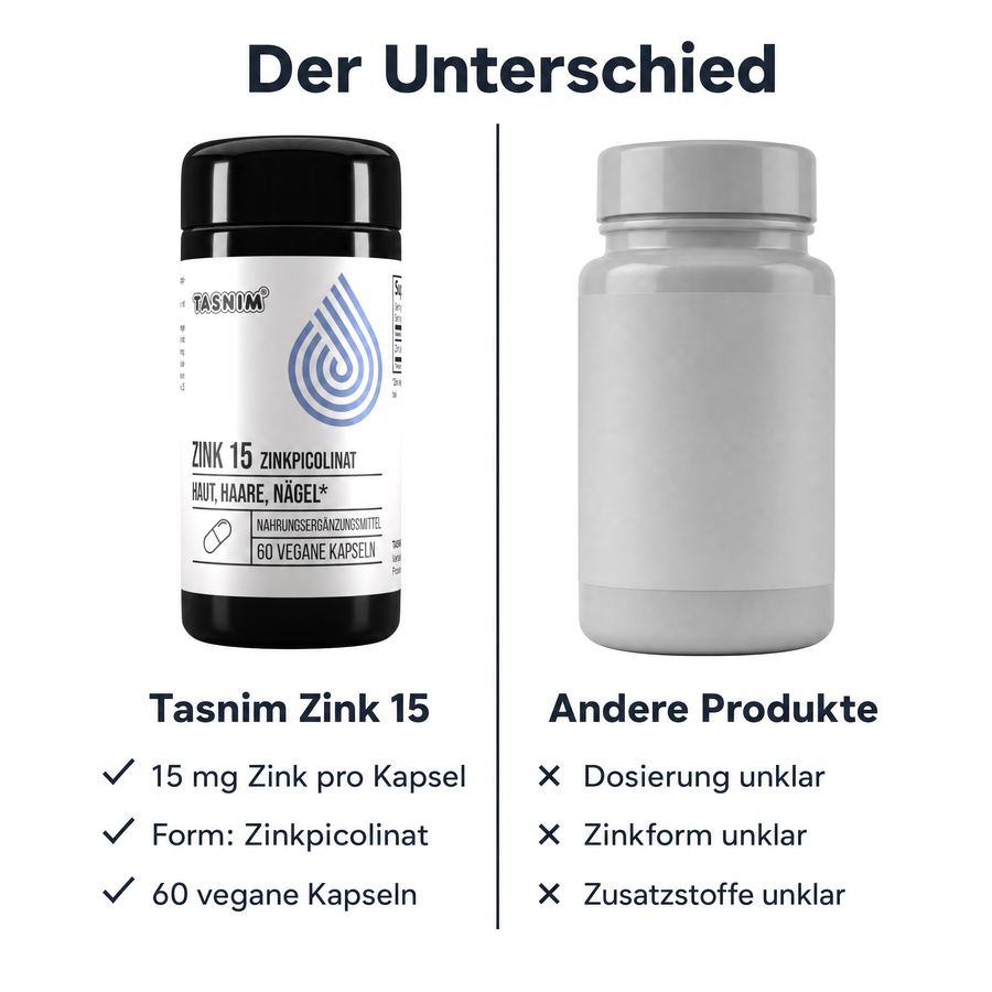 Vergleich auf weißem Hintergrund: links die Tasnim Zink 15 Dose mit 15 mg Zink pro Kapsel, Form Zinkpicolinat und 60 vegane Kapseln, rechts eine neutrale graue Dose mit unklarer Dosierung, unklarer Zinkform und unklaren Zusatzstoffen.