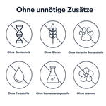 Sechs durchgestrichene Symbole auf weißem Hintergrund unter der Überschrift Ohne unnötige Zusätze: ohne Gentechnik, ohne Gluten, ohne tierische Bestandteile, ohne Farbstoffe, ohne Konservierungsstoffe, ohne Aromen.