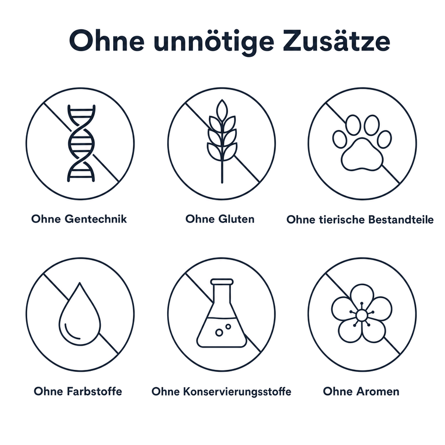 Sechs durchgestrichene Symbole auf weißem Hintergrund unter der Überschrift Ohne unnötige Zusätze: ohne Gentechnik, ohne Gluten, ohne tierische Bestandteile, ohne Farbstoffe, ohne Konservierungsstoffe, ohne Aromen.