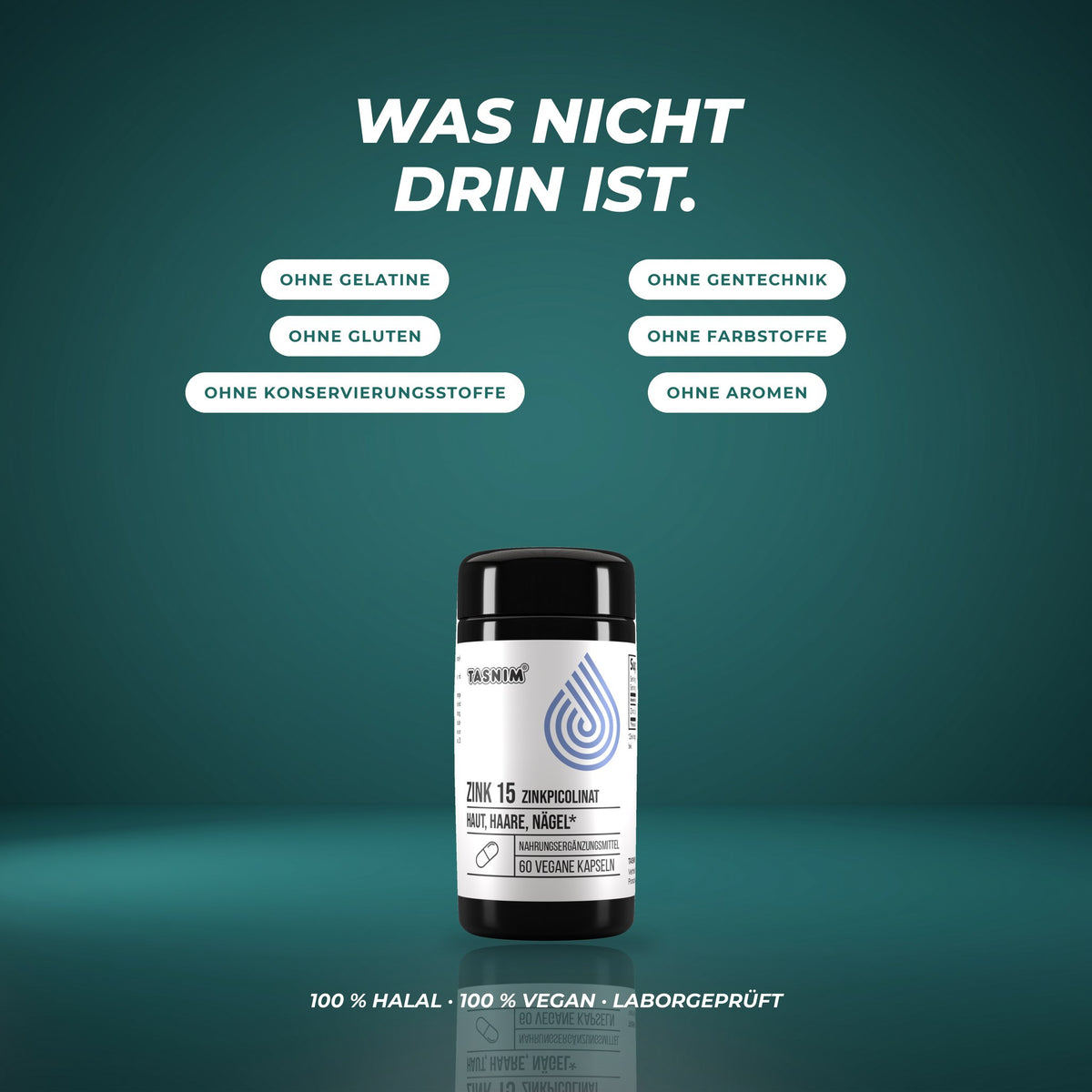 Was nicht drin ist: ohne Gelatine, Gentechnik, Gluten, Farbstoffe, Konservierungsstoffe und Aromen – halal, vegan, laborgeprüft