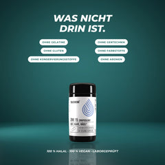Was nicht drin ist: ohne Gelatine, Gentechnik, Gluten, Farbstoffe, Konservierungsstoffe und Aromen – halal, vegan, laborgeprüft