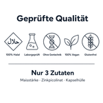 Siegelreihe auf weißem Hintergrund unter der Überschrift Geprüfte Qualität: 100% Halal, Laborgeprüft, Ohne Gentechnik, 100% Vegan, Glutenfrei, darunter Nur 3 Zutaten: Maisstärke, Zinkpicolinat, Kapselhülle.
