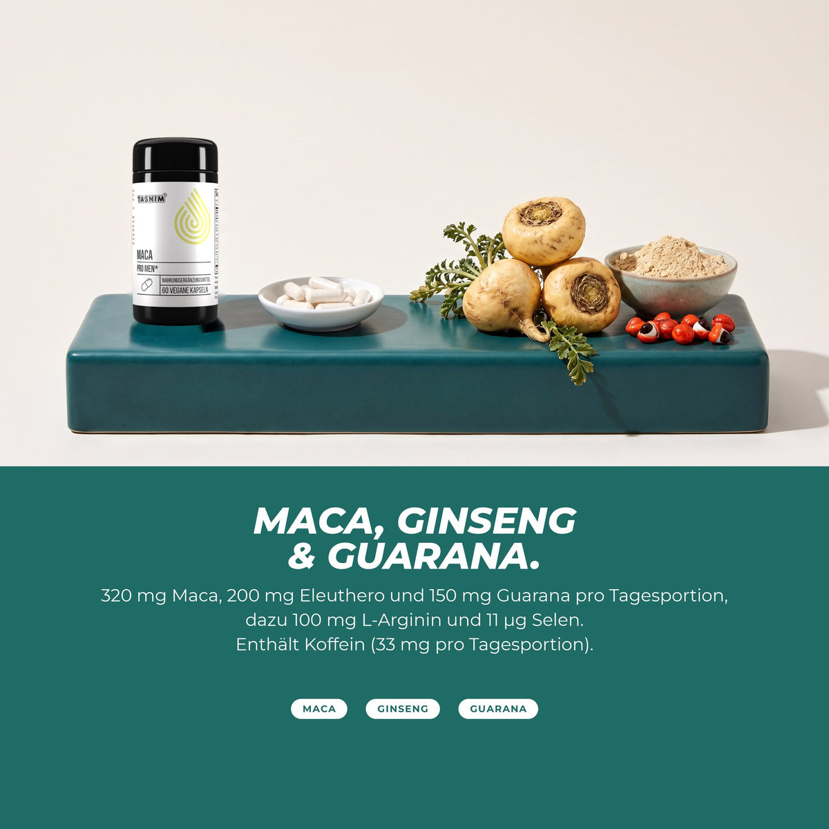 Maca, Ginseng und Guarana: Dose mit Maca-Wurzeln, Maca-Pulver und Guarana-Samen – mit L-Arginin und Selen, enthält Koffein