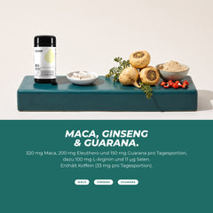 Maca, Ginseng und Guarana: Dose mit Maca-Wurzeln, Maca-Pulver und Guarana-Samen – mit L-Arginin und Selen, enthält Koffein