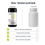 Vergleich: Tasnim Maca im lichtgeschützten Braunglas mit ausgewiesener Menge je Tagesdosis und veganer HPMC-Kapselhülle gegenüber einer neutralen unbeschrifteten Dose