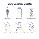 Tasnim Maca Kapseln ohne unnötige Zusätze: ohne Gluten, ohne Laktose, ohne Gentechnik, ohne Farbstoffe, ohne Konservierungsstoffe, ohne künstliche Aromen