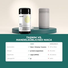 Tasnim Maca gegenüber handelsüblichem Maca: Kombination mit Ginseng und Guarana, Menge je Zutat ausgewiesen, vegane Kapsel, laborgeprüft