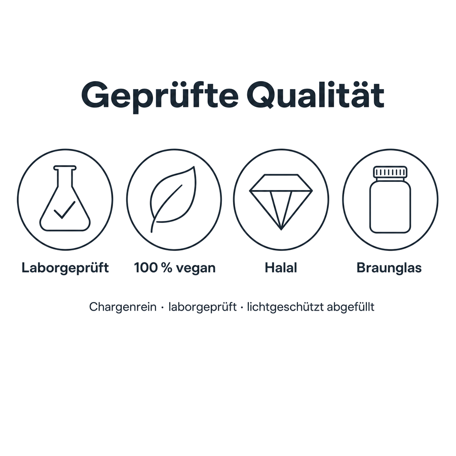 Geprüfte Qualität der Tasnim Maca Kapseln: laborgeprüft, 100 % vegan, halal, abgefüllt in lichtgeschütztem Braunglas