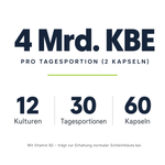 Darm Forte: 4 Mrd. KBE pro Tagesportion (2 Kapseln), 12 Kulturen, 30 Tagesportionen, 60 Kapseln. Mit Vitamin B2, das zur Erhaltung normaler Schleimhäute beiträgt.